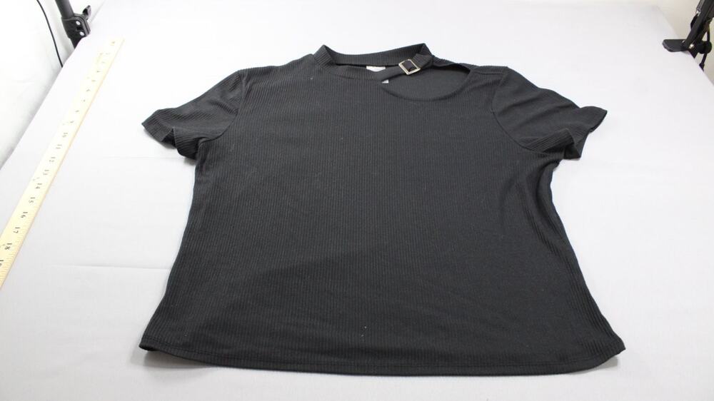No Boundaries T-Shirt Womens XL Black Cutout Short Sleeve Stretch Ribbed Cut Out